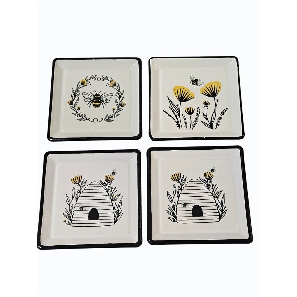 Set of 4 Decorative Metal Square Coaster Set Trinket Ring Dish Bee Hive Floral - Picture 2 of 8